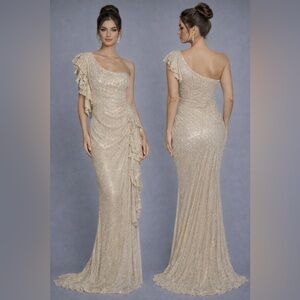 CHAMPAGNE SEQUIN ONE-SHOULDER FORMAL GOWN – SIZE 2 – ELEGANT PROM DRESS
